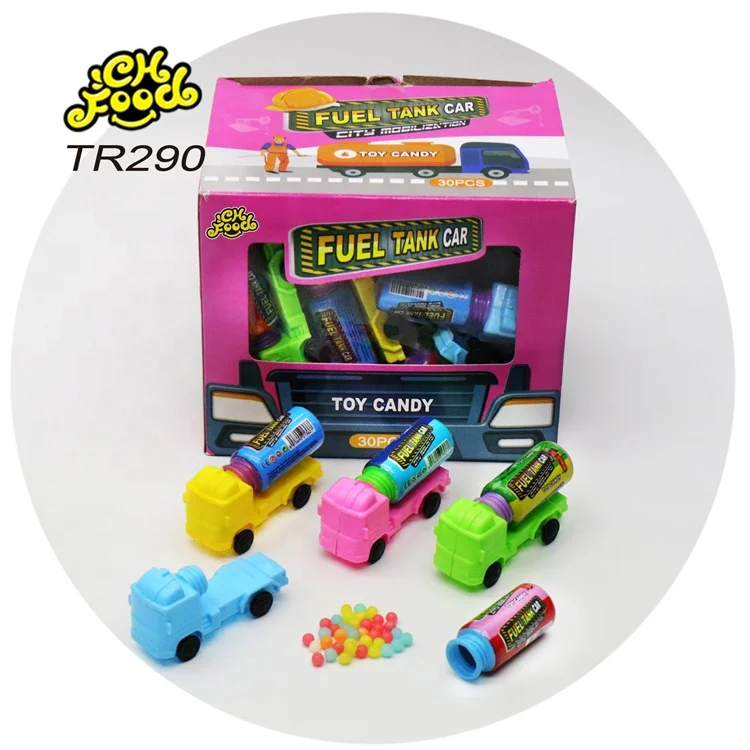 Fuel Tank Car Toy Candy Wholesale and OEM Plastic Car Toy with Fruit Flavor Mini Tablet Candy Ball