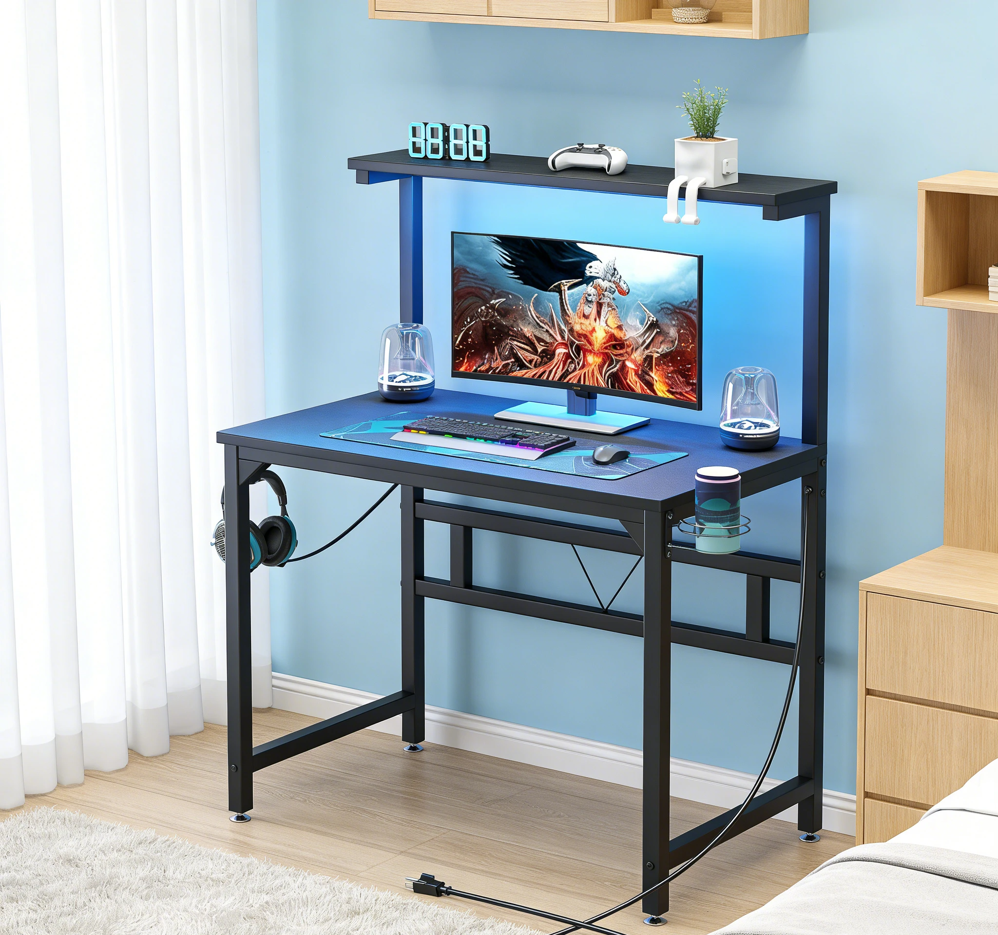 LED-Lit Gaming Desk with Overhead Shelf & Cable Management aperçu 3