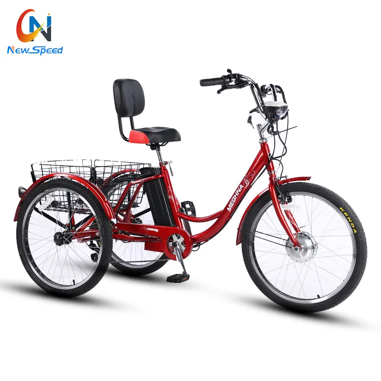Tricycle 24 pouces avec panier de courses, tricycle pour adultes 6 vitesses tricycle avec lumière (rouge