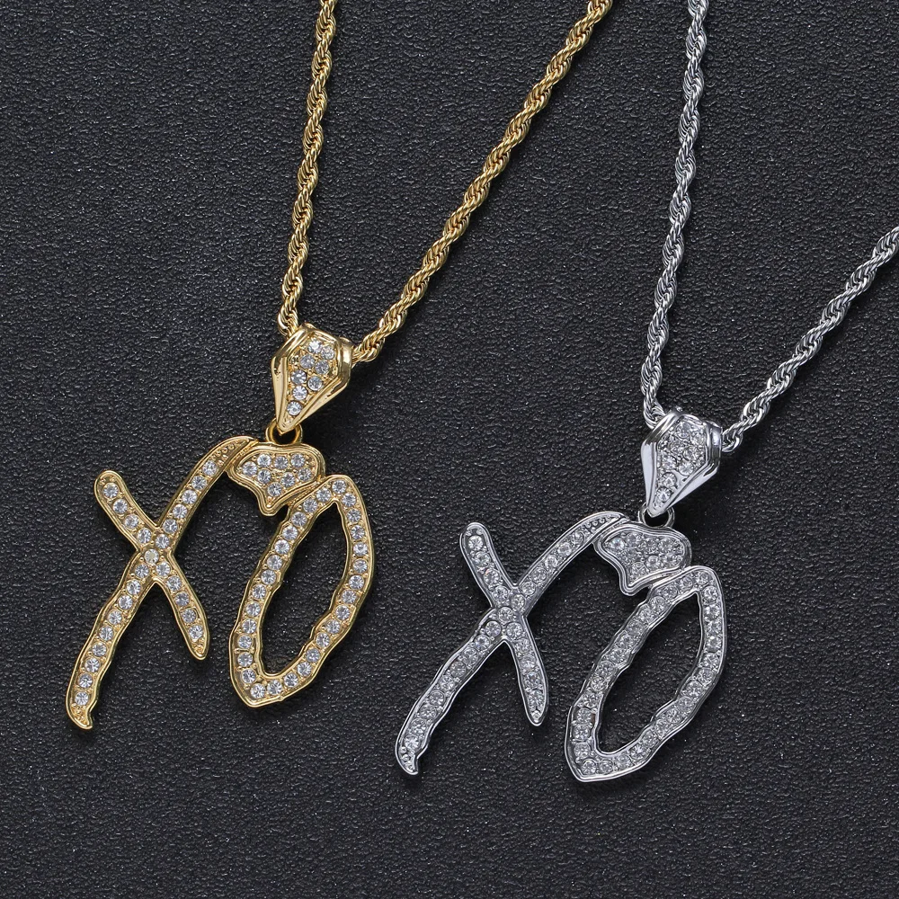 Alloy Hip Hop Ice Out Inlaid Zirconia Full Diamonds Alphabet XO Pendant  Jewelry Twist Chain Couple Necklace Jewelry