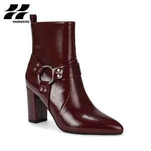 Chic PU Leather Ankle Boots Pointed Toe Zip Closure Comfortable Block Heel for Daily Party Scenes Versatile Buckle Strap