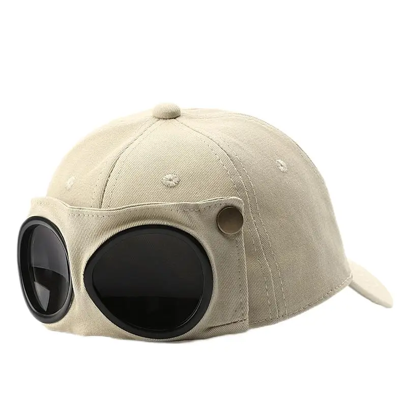 Beige Aviator Goggle Baseball Cap - Unisex Outdoor Cotton Sun Hat