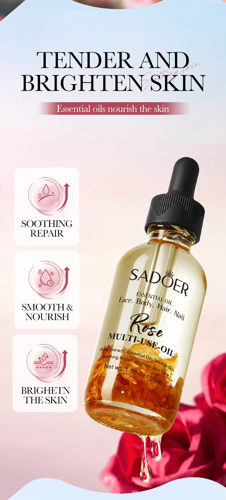 Beauty Products SADOER Organic Plant Fragrant Essential Rose Oil Multi-Use Face Hair Body Care Wholesale Private Label Massage Oil factory