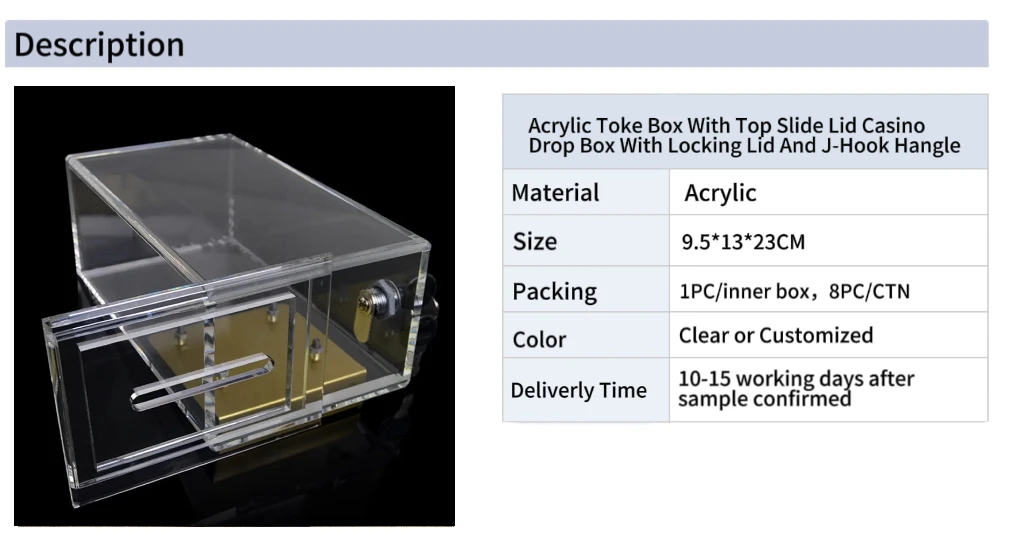 Acrylic Toke Box With Top Slide Lid Casino Drop Box With Locking Lid