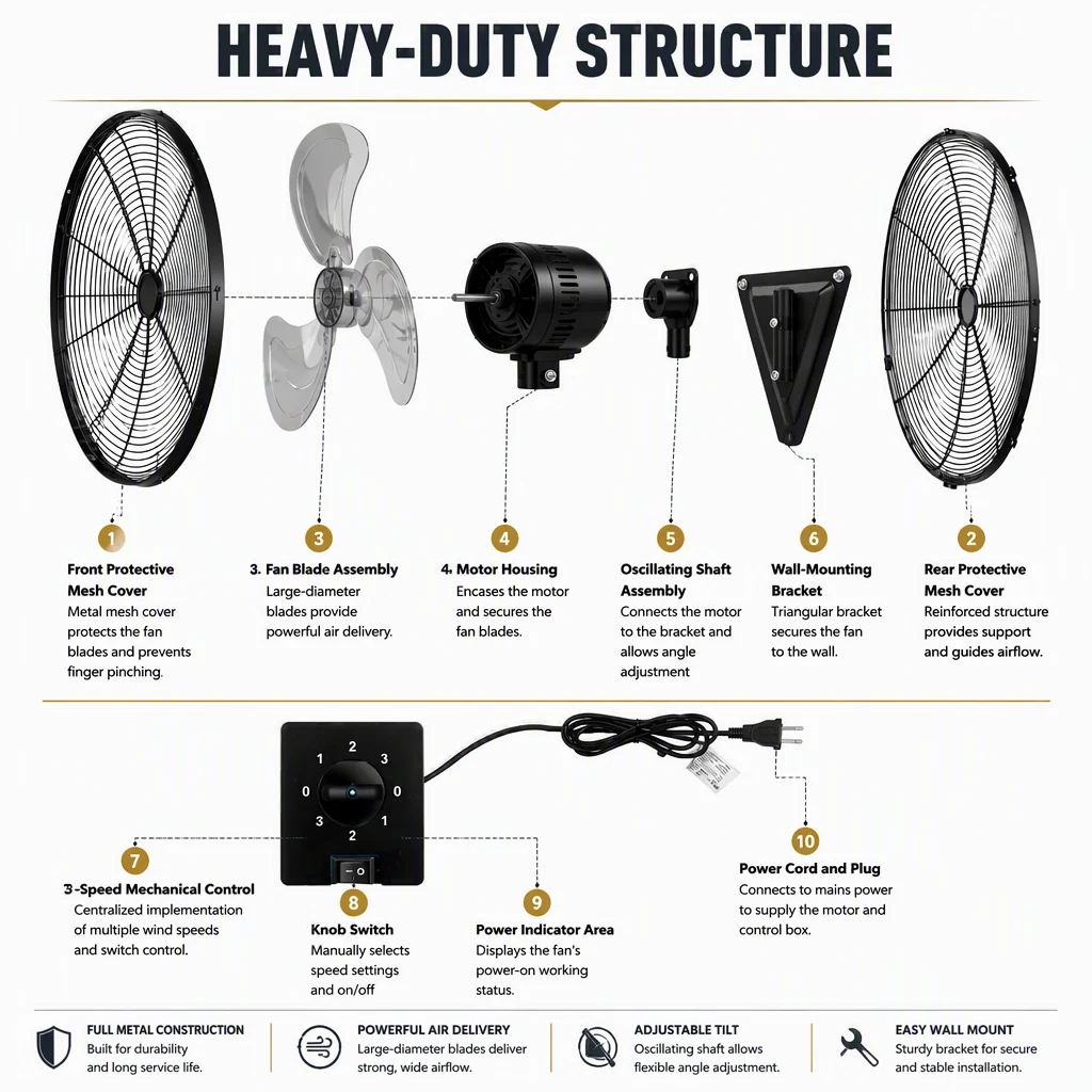 Oscillating Wall Mount Fan, Electric, Metal - detail 10