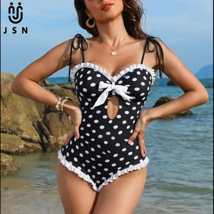 JSN 2026 Customized New Design Dot One Piece Bikini for Lady Women's Hollow Out Ruffles Push up Swimsuit