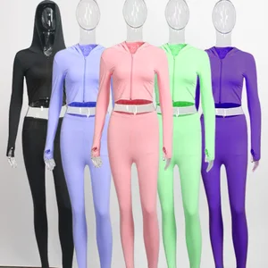 Huili Custom Logo High Stretch Tight Zipper Long Sleeve Hooded Crop Top and Pants Gmy Yoga Wear Two Piece Legging Sets for Women