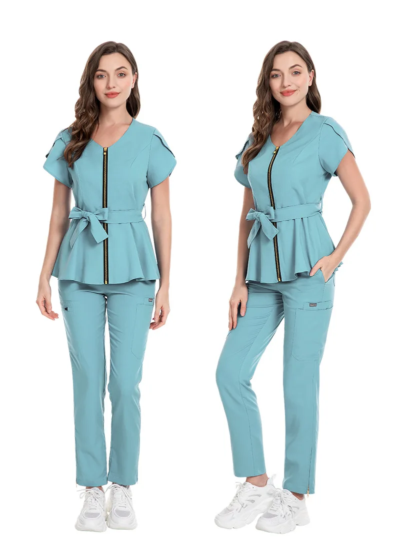Nursing Uniform Sets Women's Fashion Lace-up Waist Short-sleeved Elastic Overalls Scrubs Nurse Uniforms for Hospital Top & Pants