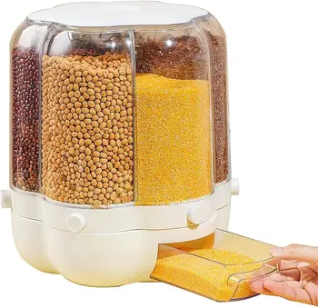 6 Grids Rotating Cereal Grain Kitchen Storage Container Rice Dispenser ...