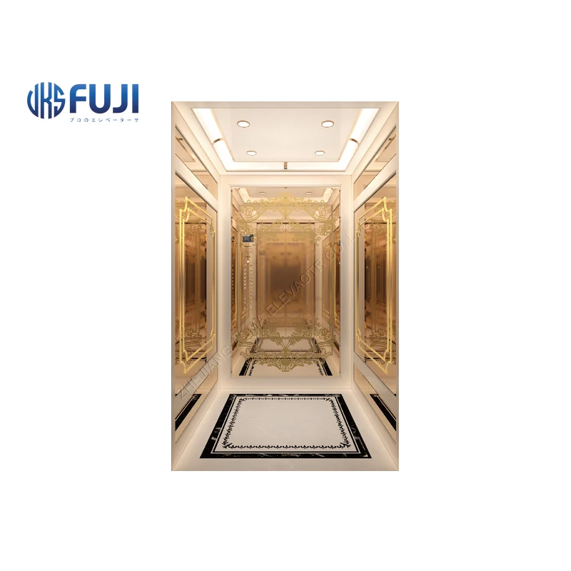 China Elevator Factory Gorgeously Decorated Machine Room Cabin Rose Gold Passenger Elevator