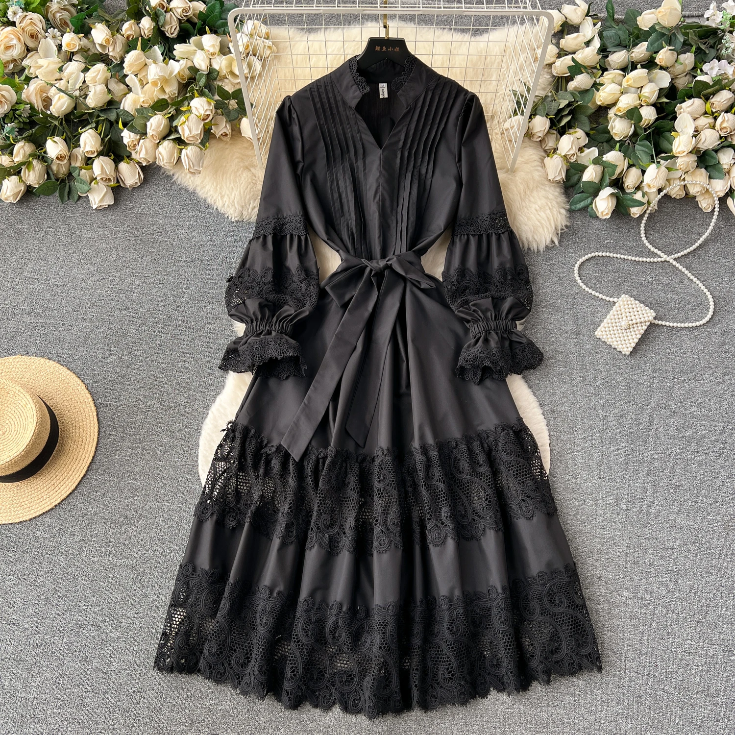 LE2362 Chic Hollow Hook Flower Office Women'S Party Dress Pleated Lace  Puffed Sleeve Long Casual Dresses Socialite Evening Dress - Main Image