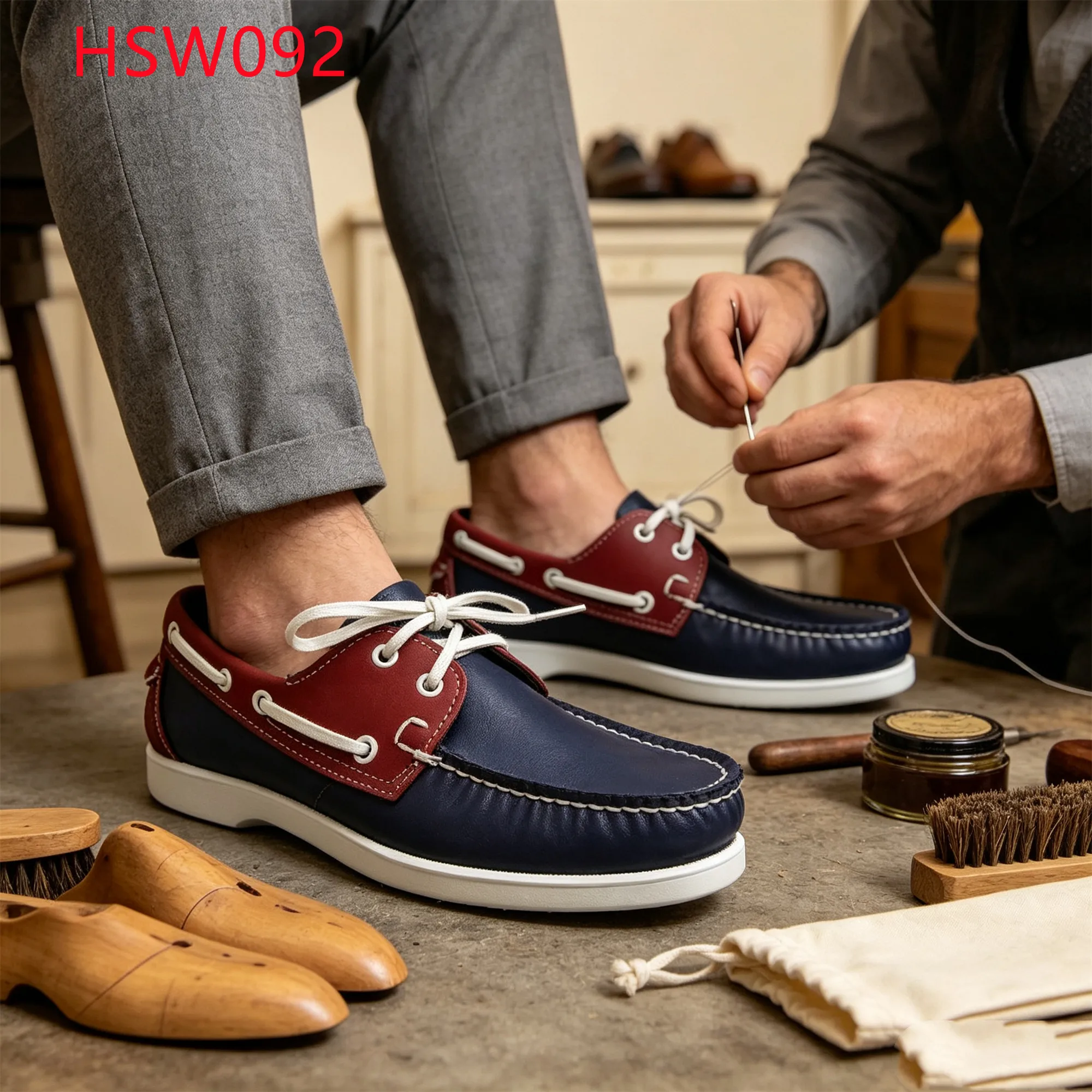 LXG,City Strolling Blue&Burgundy Two-tone Hua Singh Moccasin Shoes Home Leisure Lace-up Style Handmade Nautical Shoes HSW092