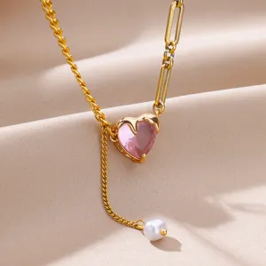 MW Trendy Dainty Pink Zircon Heart Pendant Necklace Classic Gold Paper Clip Chain Waterproof Stainless Steel Pearl Tarnish-Free