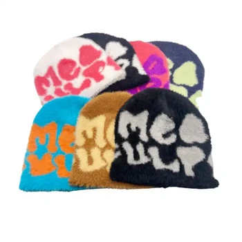2023 Fashion Winter Furry Knitted Mohair Y2K Hats All Over Print Jacquard Beanie Hat Cap Custom
