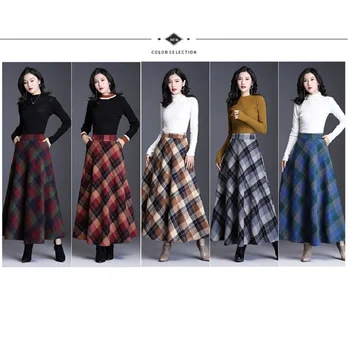 GIMILY Women's autumn and winter woolen plaid skirt high waist A-line woolen mid-length skirt thickening