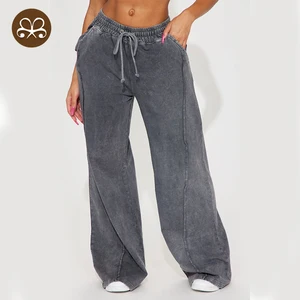 Fashion Vintage Style Heavyweight High Quality Cotton Fleece Acid Wash Sweatpants logo Womens Winter Cotton Pants  Plain Dyed