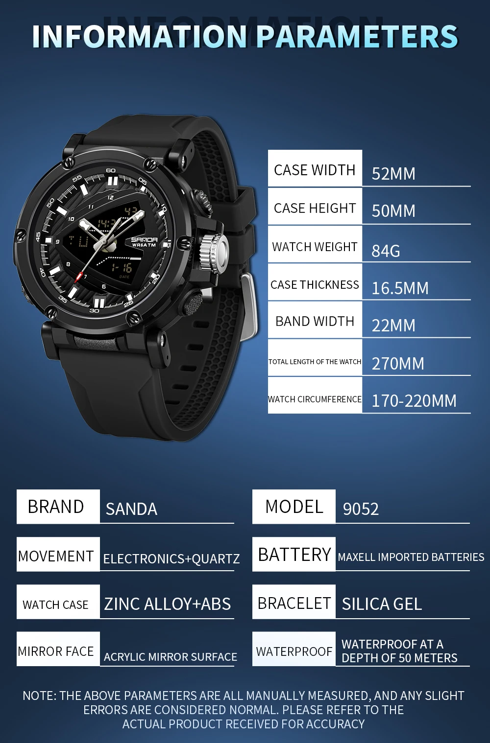 Sanda 9052 Sports Waterproof Alarm Clock Electronic Watch for Men