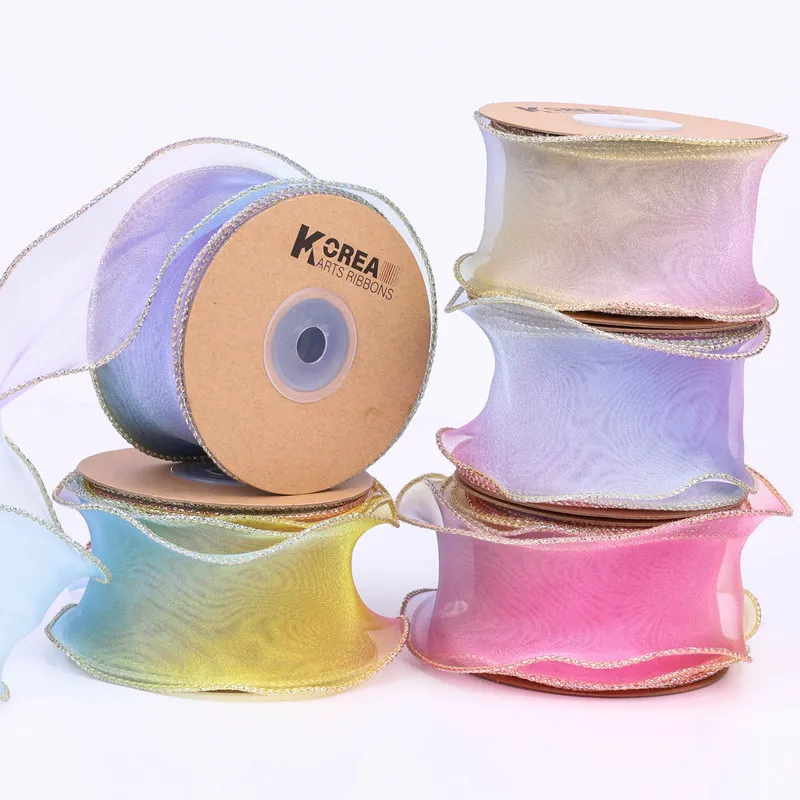 New Style 50MM Rainbow Gradient Color Golden Wired Edge Polyester Organza Ribbon