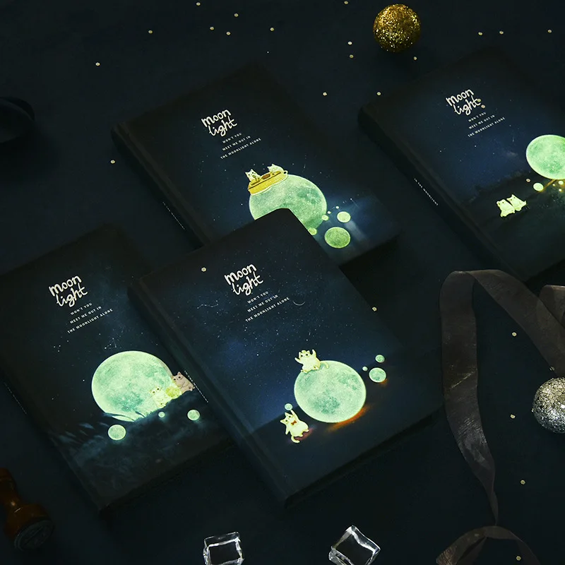 Creative Luminous Cat Moon Pattern Hardcover Black Inner Paper Journal Notebook
