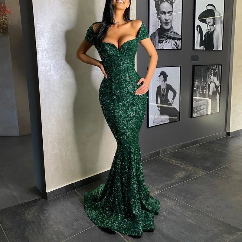 2022 Slim Dark Green Sequin Dress Shiny 