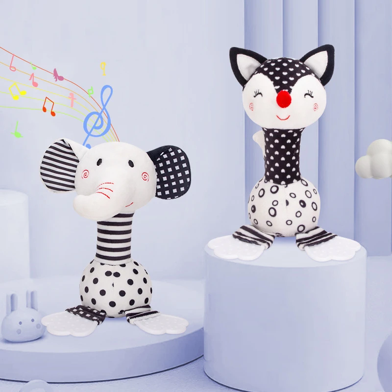 T037 Black and white hand bell baby cartoon fox elephant hand stick plush toy