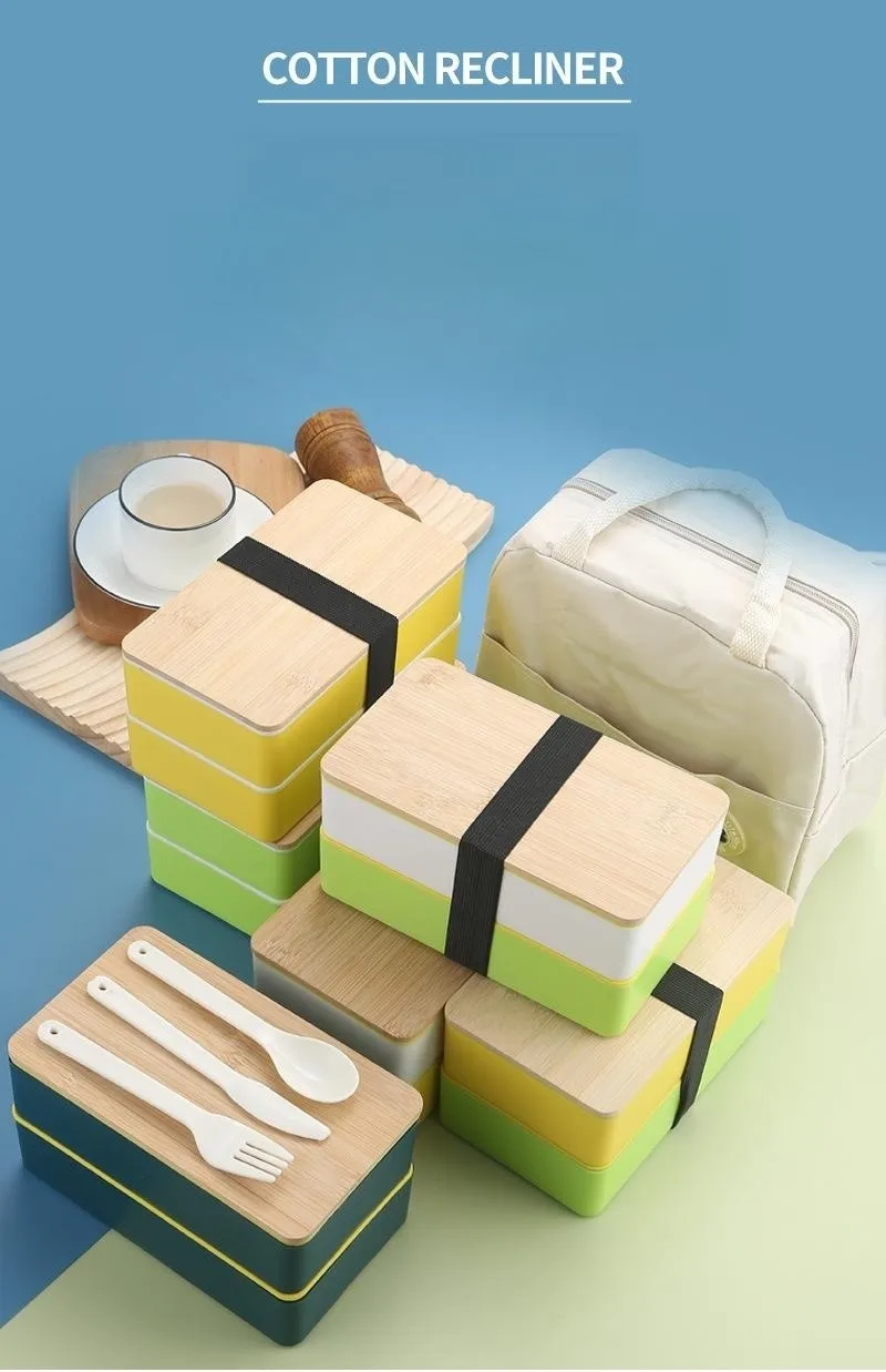 2 layer Bento Lunch Box With Divider and Cutlery Lunch Containers for Kids Bamboo Fiber Double Layer Lunch Box with Bamboo Lid