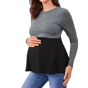 Long Sleeve Crew-Neck Blouse for Pregnant Women Breastfeeding-Friendly