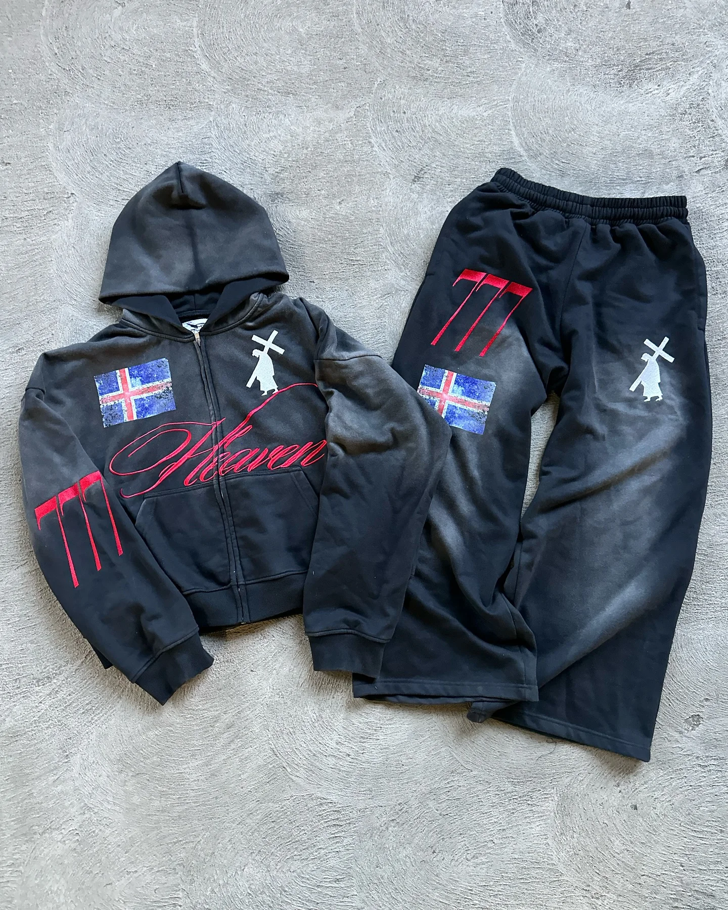 Salati Custom 480GSM Pure Cotton Street Style Zipper Hoodies Acid-Washed Faded Flared Pants Designer Racksuits for Men