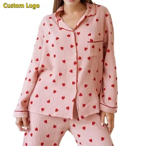 Cotton Womens Pajamas 2 Piece Pajama Set Heart Print Long Sleeves Button Down Lapel Shirt Long Pants Matching Set Loungewear OEM
