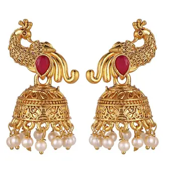 Efulgenz Indian Jewelry Bollywood Gold Plated Pearl Drop Wedding Peacock Jhumki Jhumka Dangle Earrings Set