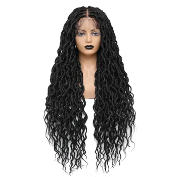 Wavy Faux Locs Braided Wig 13X4 Synthetic Lace Frontal Wigs with Goddess Locs Crochet Hair 32'' Braid Wig for Black Women
