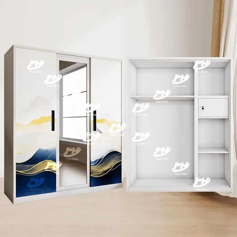 Custom Printed Beautiful Simple Modern Design Steel Metal Wardrobe 2 3 4 5 Door Swing Sliding Glass Mirror for Home Furniture
