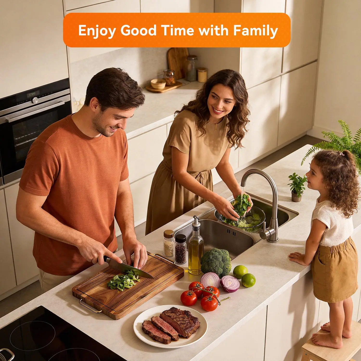 product custom double sided acacia wood cutting board with stainless steel kitchen chopping block with juice groove handle-8