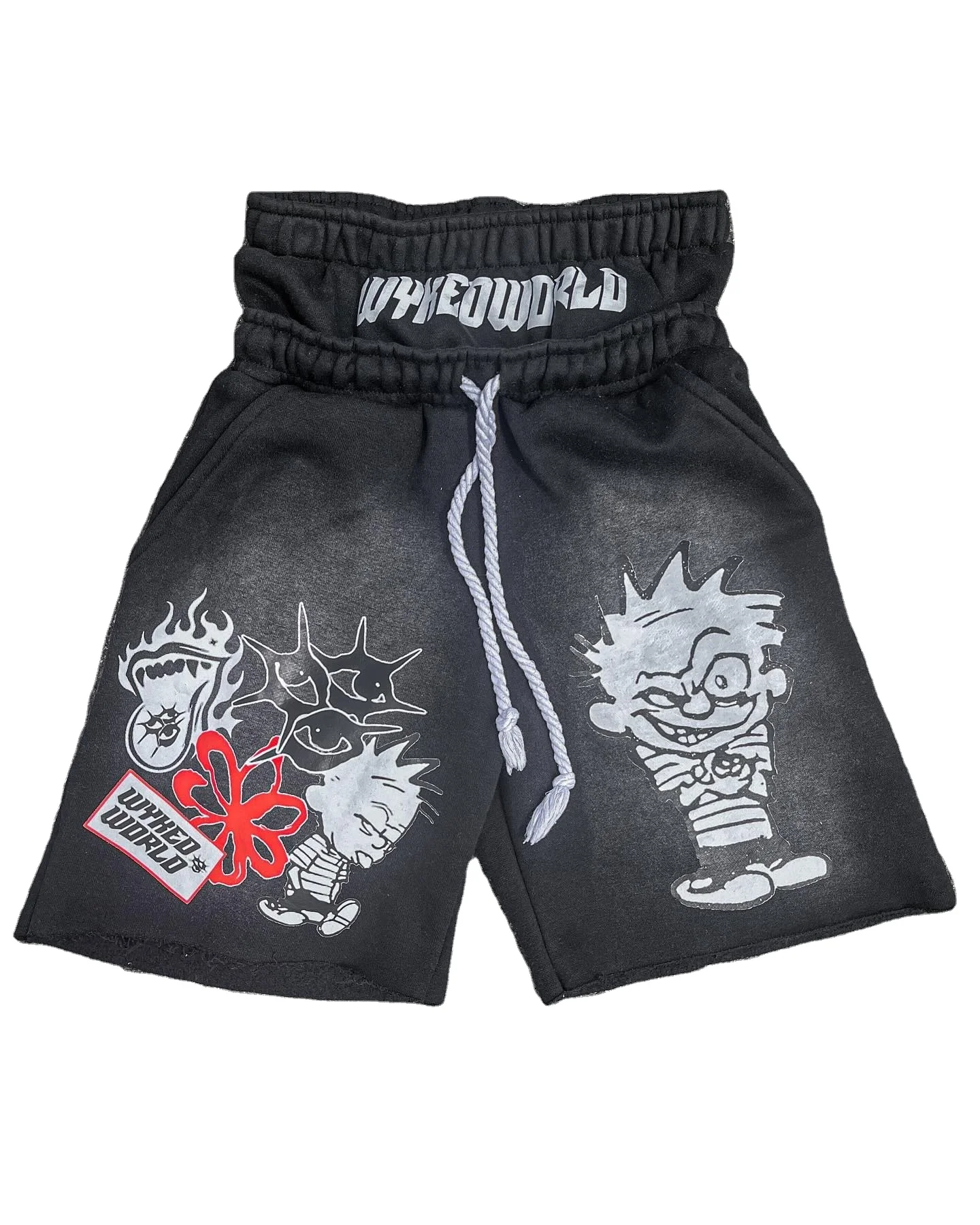 Custom Men Heavyweight Cotton Shorts Screen Print Sun Faded Double Waisted Baggy Distressed Acid Wash Track Jogger Sweat Shorts