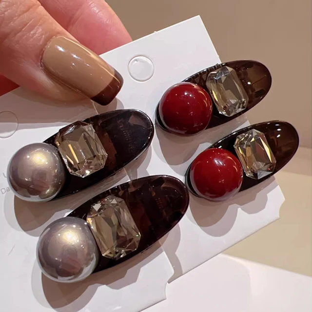 PC Resin Small Hairgrips Korean Version Simple Pearl Barrettes Vintage Advanced Rhine-diamond Hairpin