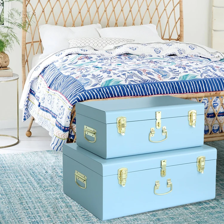 2 Set Metallic Trunks Stainless Steel Storage Trunk with Locks