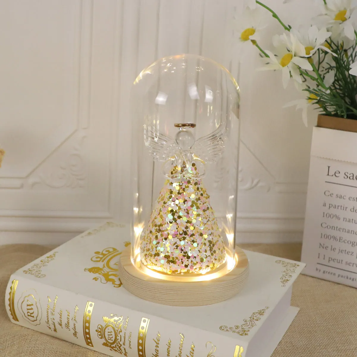 Customized clear glass dome Christmas table ornament led lighted dome cylinder or round shape for display manufacture