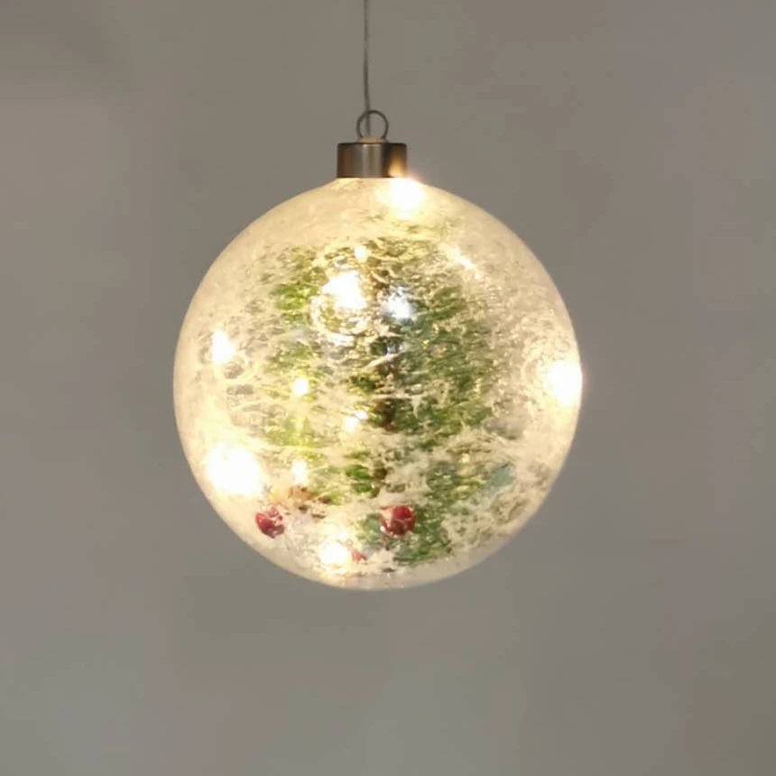 Wholesale glass hanging LED ball with plant adornment artificial fake snow manufacture