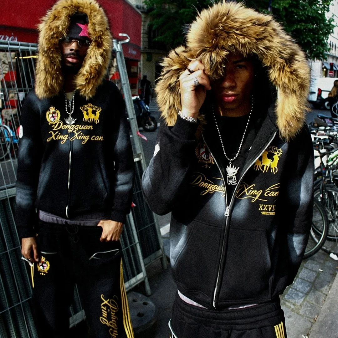 Aangepaste straatdrag swaarfluis kraag vintage gewas rits-op kapjas met borduurwerk en DTG-druk, mans Amerikaanse styl twee-stukkie