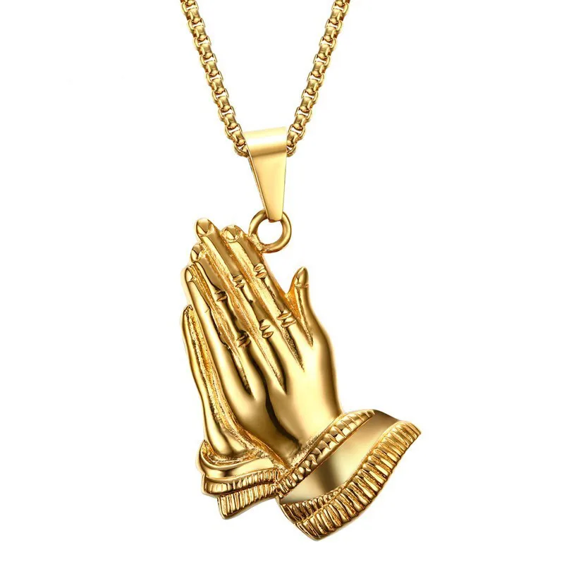 Davitu Hot Sale Praying Hands Necklace Big Pendants Jewelry Gifts Hand Necklaces Men Women Hip Hop Prayer Jesus Stainless Steel Chains Metal Color: Gold 