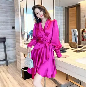 Women's High-Waisted Ruffled Knee-Length Dress Elegant Casual Style Waist Tie Mix Fabric Anti-Wrinkle  Customizable