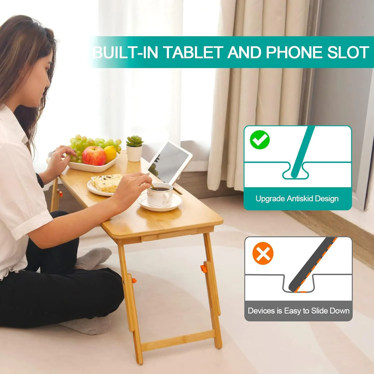 Laptop Table Bed Bamboo Table with Tablet Slot Adjustable Height Angle Foldable Storage Drawer Portable Tray Table Rack