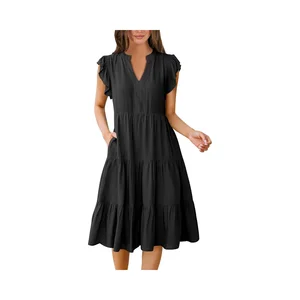 Women's Summer Casual Regular Floral Midi Dress V Neck Sleeve Natural Waist Flowy Tiered Party Washable Loose Worsted Knitted
