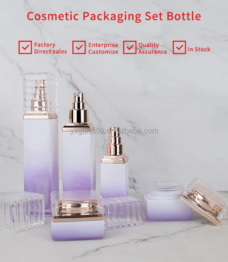 cosmetic glass packing set 120ml 100ml 40ml rectangular glass bottle with aluminum pump and transparent cover factory