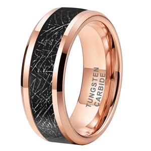 Coolstyle Jewelry 8mm Wholesale Black Meteorite Inlay Beveled Rose Gold Tungsten Ring Men Women Fashion Engagement Wedding Band