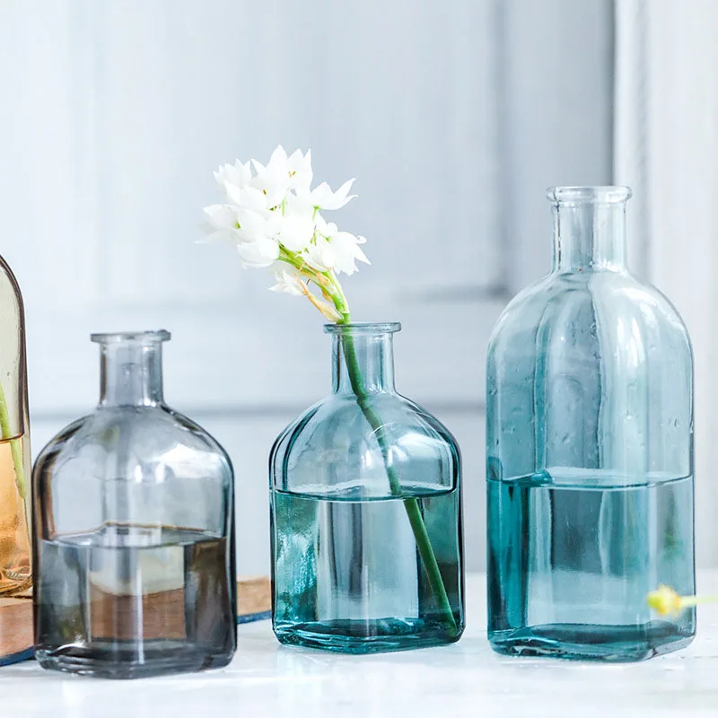 Colored Glass Vase for Home Decor Narrow-mouth Square Modern Blue Wedding Vase Glass