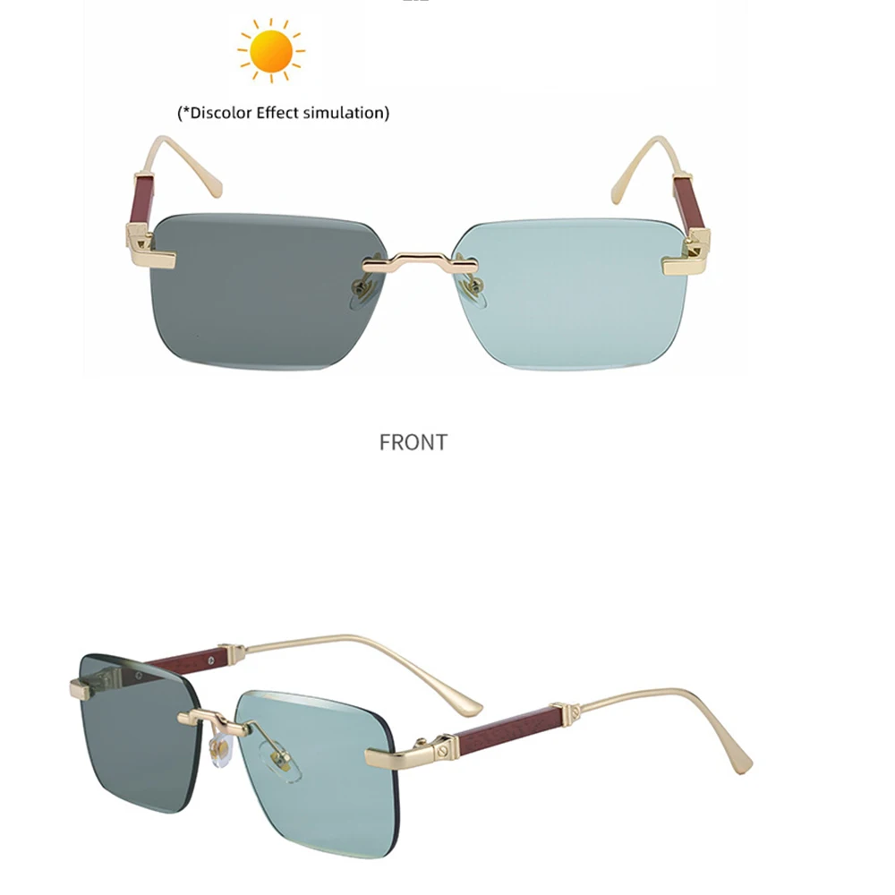 Fashion Color Changing Rectangle Sunglasses Cut Edges Wood Grain