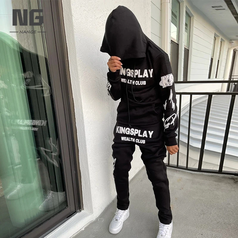 Custom Puff Print Sweatsuit Black Streetwear Hip Hop Sweatpants And