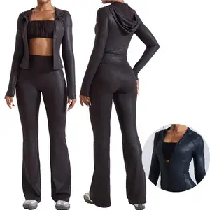 Custom Fitness Clothing Yoga Sets Long Sleeve Faux Leather Nude Feel Sports Flared Pants