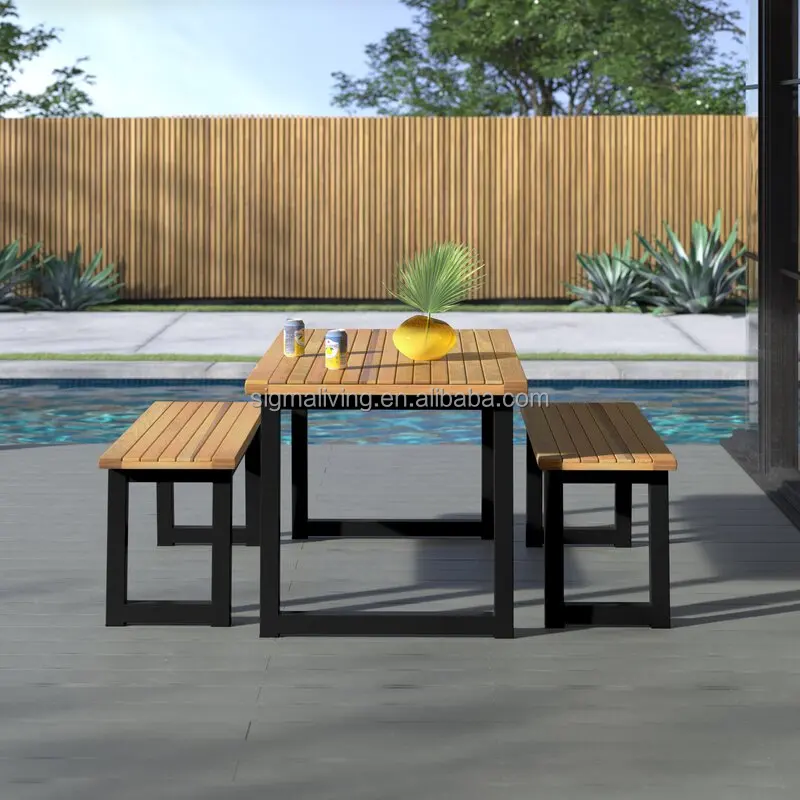 Outdoor furniture aluminum garden patio set rectangular wooden top table dinning set
